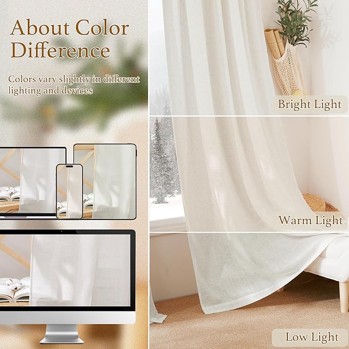 RYB HOME Semi Sheer Curtains - Linen Blend Semi Transparent Privacy Drapes Shabby Chic Light Filtering Extra Long Curtains for Farmhouse Home Office Laundry Room, 52" W x 120" L, 2 Panels, Linen