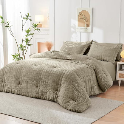 HYMOKEGE Linen King Size Comforter Set Seersucker 7 Pieces, All Season Luxury Bed in a Bag for Bedroom, Bedding Set with Comforter, Sheets, Pillowcases & Shams