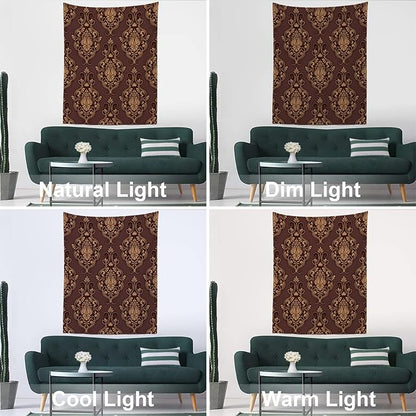 Batmerry Brown Damask Floral Tapestry, Vintage Golden Brown Damask Pattern Wall Art Hanging Decoration Polyester Fiber White Ruffled Around for Dorm Room Bedroom Living Room, 82.7x59.1 inches