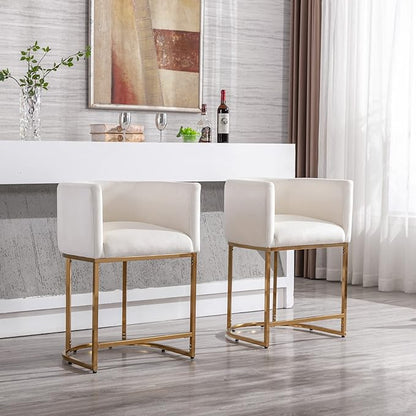 Modern Counter Height Velvet Upholstered Bar Stools Set of 2, 24" Kitchen Counter Island Stools Bar Chairs with Gold Metal Frame for Kitchen Island, Cream