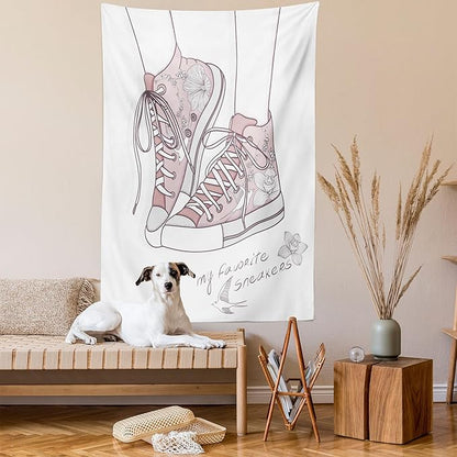 Lunarable Cartoon Tapestry, Shoes with Floral Pattern Teenage Girls Sneakers Flowers Birds Retro Urban, Wall Hanging for Bedroom Living Room Dorm Decor, 60" X 80", Rose White