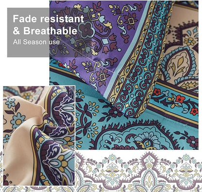 Cottolester Boho Comforter Set Queen Size 8 Piece Bed in a Bag Bohemian Striped Bedding Quilt Set Aqua Paisley Floral Comforter and Sheet Set,Soft Microfiber Complete Bedding Sets for All Season