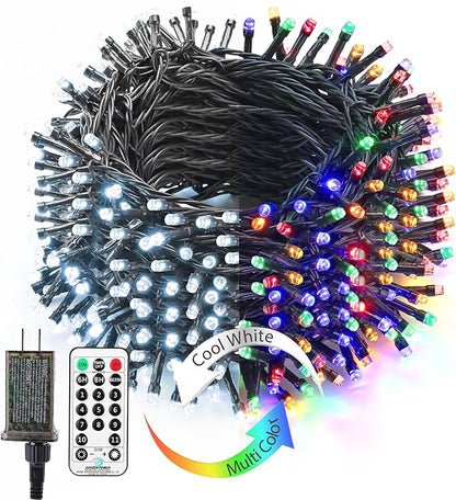 Brizled Christmas Lights Outdoor, 180.4ft 500 LED Color Changing Christmas String Lights with Remote, 11 Modes Christmas Tree Lights Cool White & Multicolor Green Wire Xmas Lights for Xmas Party Home