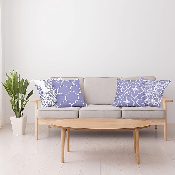Ambesonne Vintage Throw Pillow Cushion Case Pack of 4, Monochrome Design Grid Trellis Quatrefoil Mesh and Dahlia Flowers Modern Print, Modern Accent Double-Sided Digital Printing, 16", Lavender White