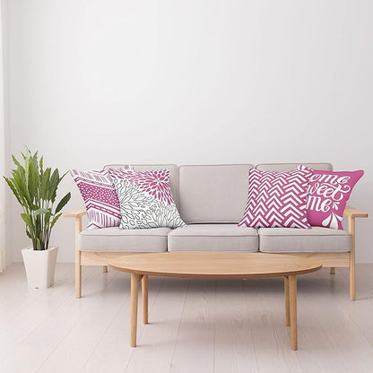 Ambesonne Geometric Throw Pillow Cushion Case Pack of 4, Home Phrase Minimal Zigzag Squama Dahlia Flowers Chevron Tribal, Modern Accent Double-Sided Digital Printing, 20", Pink White and Charcoal Grey