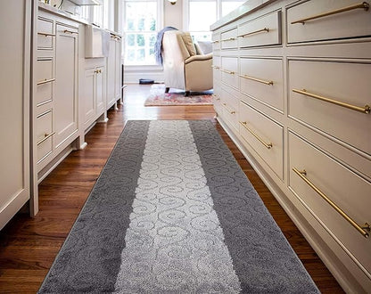 Custom Size Modern Runner Rug Carpet for Hallway Entryway Foyer Kitchen, Slip Resistant Latex Rubber Backed 31 inch Wide X Customized Length, Scroll Grey, 31 inch X 11 feet