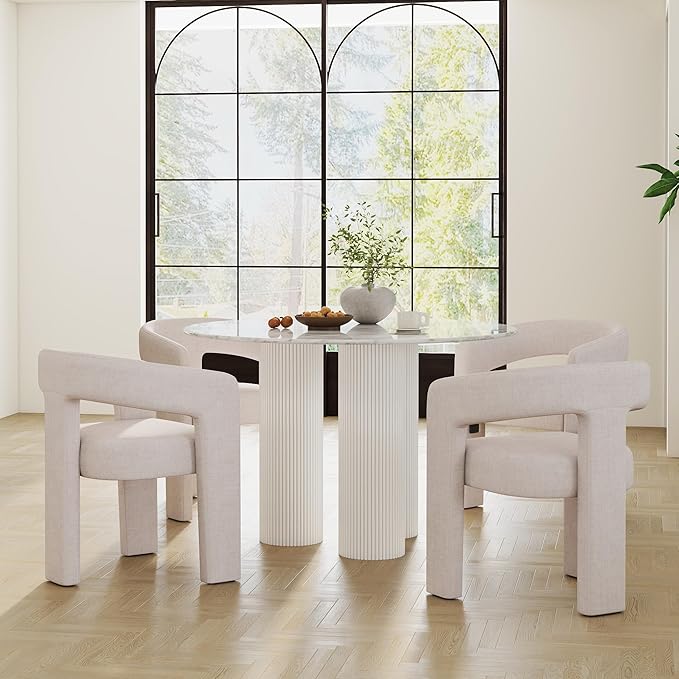 Modern Barrel Dining Chairs Set of 5, Linen Upholstered Accent Side Chair with Arms Comfy Makeup Vanity Chairs, Dining Living Room Kitchen Chairs, Beige