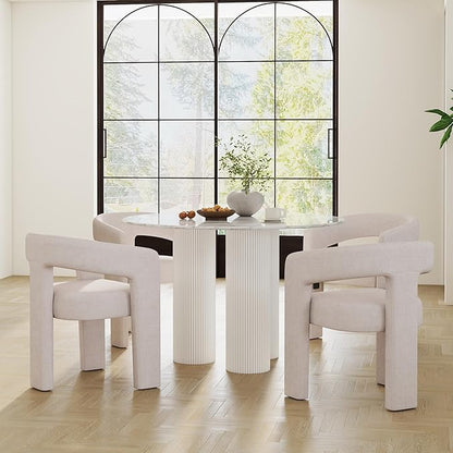 Modern Barrel Dining Chairs Set of 4, Linen Upholstered Accent Side Chair with Arms Comfy Makeup Vanity Chairs, Dining Living Room Kitchen Chairs, Beige
