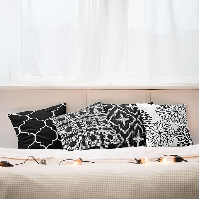 Ambesonne Vintage Throw Pillow Cushion Case Pack of 4, Monochrome Design Grid Trellis Quatrefoil Mesh and Dahlia Flowers Modern, Modern Accent Double-Sided Digital Printing, 20", Charcoal Grey White