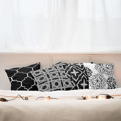 Ambesonne Vintage Throw Pillow Cushion Case Pack of 4, Monochrome Design Grid Trellis Quatrefoil Mesh and Dahlia Flowers Modern, Modern Accent Double-Sided Digital Printing, 18", Charcoal Grey White