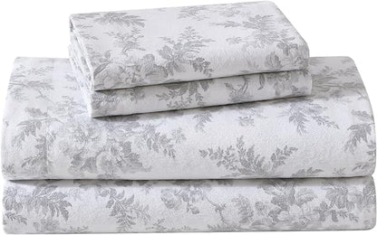 Laura Ashley - Flannel Sheets Full Size, Anti-Pilling & Wrinkle Resistant Cotton, Touchably Soft for All-Season Comfort - Bed Sheets with Matching Pillowcases & Fitted Sheet (Vanessa Grey)