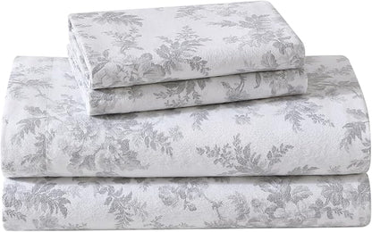 Laura Ashley - Flannel Sheets Twin Size, Anti-Pilling & Wrinkle Resistant Cotton, Touchably Soft for All-Season Comfort - Bed Sheets with Matching Pillowcase & Fitted Sheet (Vanessa Grey)