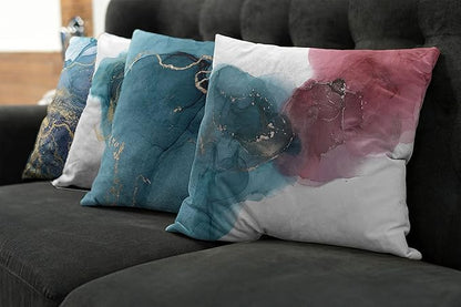 Ambesonne Marble Print Throw Pillow Cushion Case Pack of 4, Modern Style Hazy Stains and Blots Shadowy Effect Watercolor Look, Modern Accent Double-Sided Digital Printing, 24", Teal Pale Ruby Mustard
