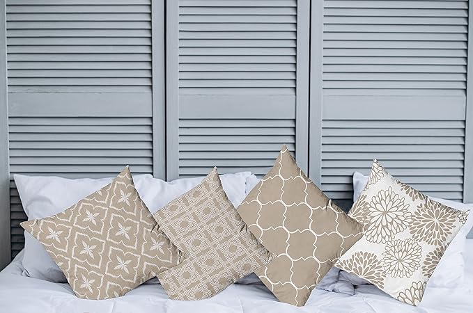 Ambesonne Vintage Throw Pillow Cushion Case Pack of 4, Monochrome Design Grid Trellis Quatrefoil Mesh and Dahlia Flowers Modern Print, Modern Accent Double-Sided Digital Printing, 24", Tan and White