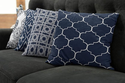 Ambesonne Vintage Throw Pillow Cushion Case Pack of 4, Quatrefoil Mesh Medieval Lattice Ornaments Ethnic Motive and Dahlia Flowers, Modern Accent Double-Sided Digital Printing, 18", Night Blue White