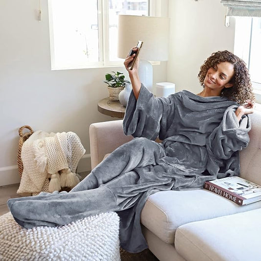 Catalonia Wearable Fleece Blanket with Sleeves and Foot Pockets for Adult Women Men, Micro Plush Comfy Wrap Sleeved Throw Blanket Robe Large, Grey