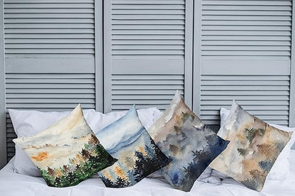 Ambesonne Forest Throw Pillow Cushion Case Pack of 4, Watercolor Painting of Nature Landscape Hazy Mountains and Pine Trees, Modern Accent Double-Sided Digital Printing, 20", Blue Emerald and Cocoa