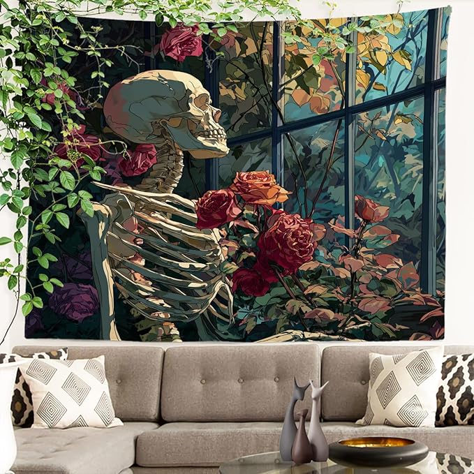 Batmerry Skeleton Roses Greenhouse Tapestry, Skeleton Roses Glass Flowers Wall Art Hanging Decoration Polyester Fiber White Ruffled Around for Dorm Room Bedroom Living Room, 39.1x59.1 inches