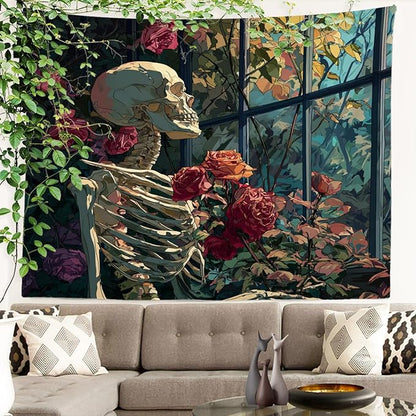Batmerry Skeleton Roses Greenhouse Tapestry, Skeleton Roses Glass Flowers Wall Art Hanging Decoration Polyester Fiber White Ruffled Around for Dorm Room Bedroom Living Room, 39.1x59.1 inches