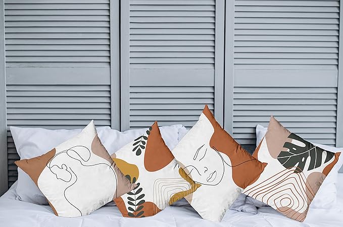 Ambesonne Minimal Throw Pillow Cushion Case Pack of 4, Modern Line Art Woman Portrait with Contemporary Leafy Geometric Details, Modern Accent Double-Sided Digital Printing, 18", Rust Tan and Mustard