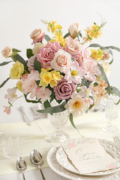 Artificial Flowers Combo for DIY Centerpieces Arrangements Wedding Bouquets Centerpieces Arrangements Party Baby Shower Home Decorations (Yellow Pink)