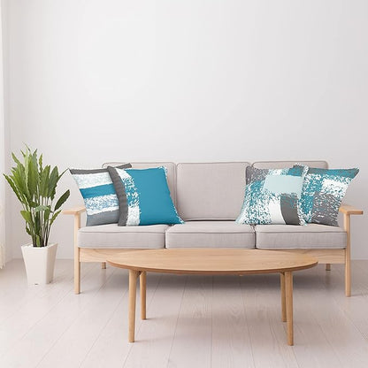 Ambesonne Grunge Throw Pillow Cushion Case Pack of 4, Abstract Design Simplistic Minimal Stripes Brushstrokes Contemporary, Modern Accent Double-Sided Digital Printing, 16", Sea Blue Grey and White