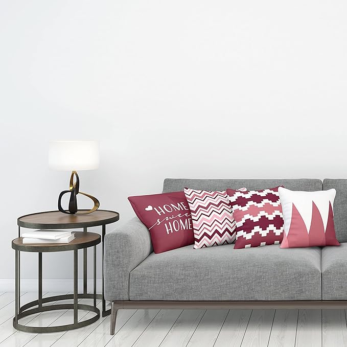 Ambesonne Modern Throw Pillow Cushion Case Pack of 4, Geometric Style Pattern of Triangles Zigzags Love Home Phrase Print, Modern Accent Double-Sided Digital Printing, 18", Raspberry Rose and White