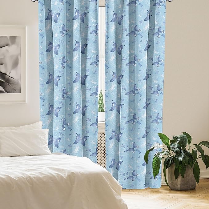 Ambesonne Butterfly Window Curtains, Pastel Color Dragonflies Floral Arrangement Swirls Curves Spring, Lightweight Decor 2-Panel Set with Rod Pocket, Pair of - 28" x 95", White Blue
