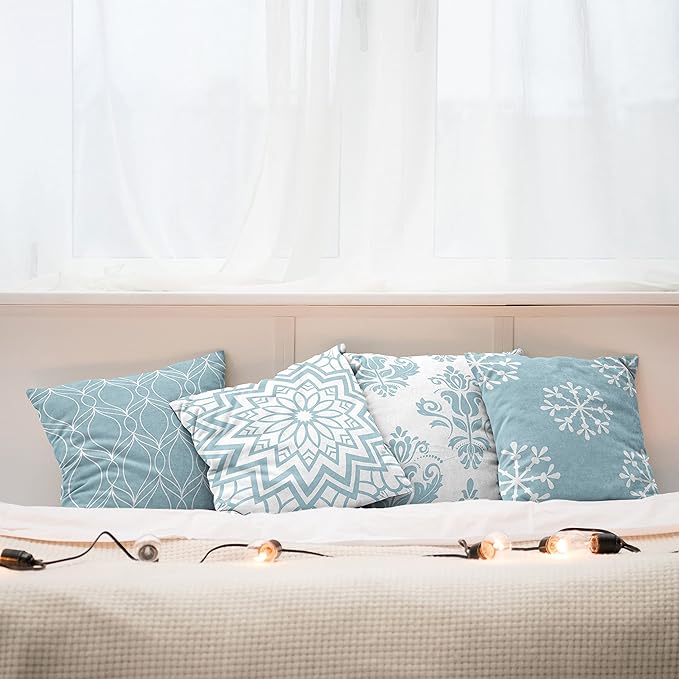 Ambesonne Retro Throw Pillow Cushion Case Pack of 4, Trellis Grid Medieval Floral Damask Mandala Flower Ornament in Modern Monochrome, Modern Accent Double-Sided Digital Printing, 18", Pale Blue Grey