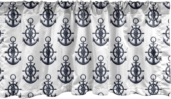 Lunarable Vintage Nautical Tattoo Window Valance Pack of 2, Sea Anchor Maritime Monochrome Simplistic Pattern, Rod Pocket Curtain Valances for Kitchen Bedroom, 54" X 12", Blue White