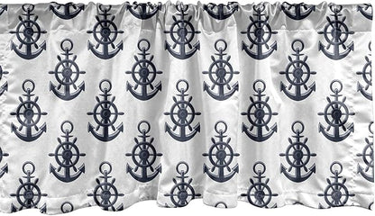 Lunarable Vintage Nautical Tattoo Window Valance Pack of 2, Sea Anchor Maritime Monochrome Simplistic Pattern, Rod Pocket Curtain Valances for Kitchen Bedroom, 54" X 12", Blue White