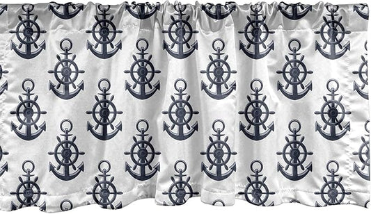 Lunarable Vintage Nautical Tattoo Window Valance Pack of 2, Sea Anchor Maritime Monochrome Simplistic Pattern, Rod Pocket Curtain Valances for Kitchen Bedroom, 54" X 12", Blue White
