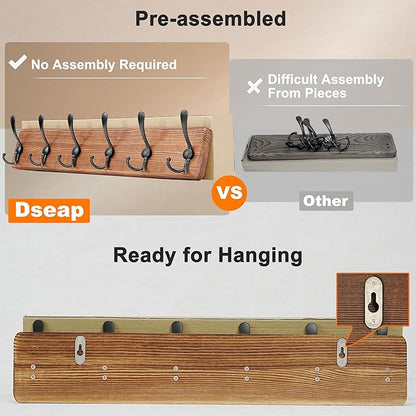 Dseap Coat Rack Wall Mounted - 24" Long 6 Tri Hooks, Heavy Duty Wooden Wall Coat Hanger Coat Hook for Clothes Hat Jacket Clothing, Weathered Blue and Black