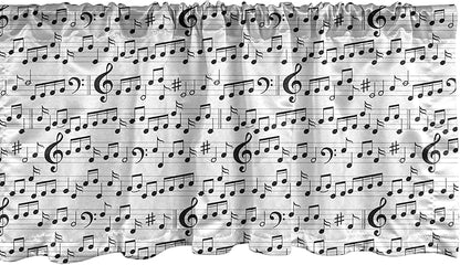 Ambesonne Music Window Valance Pack of 2, Abstract Style Professional Pattern Notes and Clef Sheet Play Writing Print, Rod Pocket Curtain Valances for Kitchen Bedroom, 42" X 18", Black White