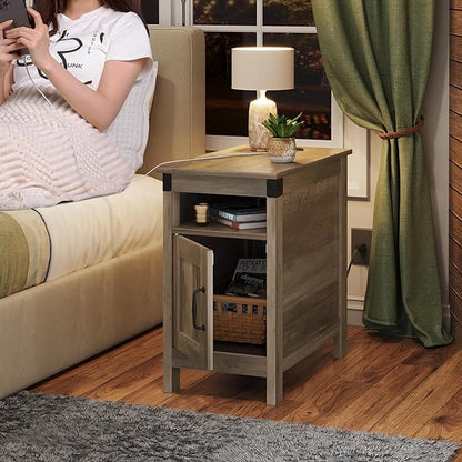 WLIVE Farmhouse End Table with Charging Station, Narrow Side Table for Living Room, Bedroom, Small Nightstand with Storage, USB Ports and Outlets, Small Wooden Cabinet, Greige