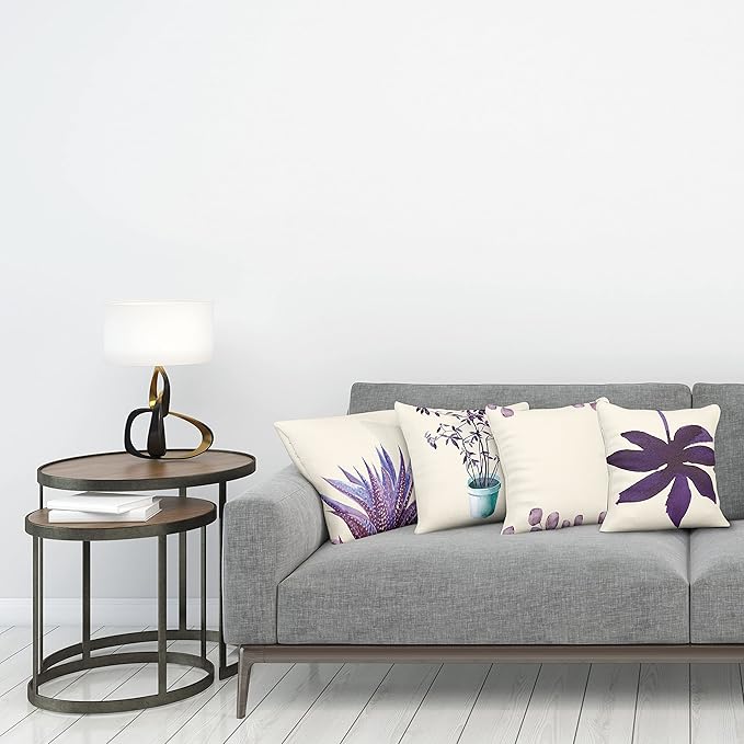 Ambesonne Botanical Throw Pillow Cushion Case Pack of 4, Minimalist Watercolor Painting Leaves Agave Branches Plant in a Pot, Modern Accent Double-Sided Digital Printing, 24", Quartz and Lavender