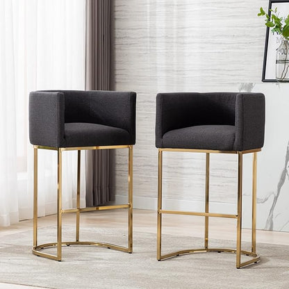 Modern Counter Height Linen Upholstered Bar Stool, 32" Kitchen Counter Island Stool Bar Chairs with Gold Metal Frame for Kitchen Island, Charcoal