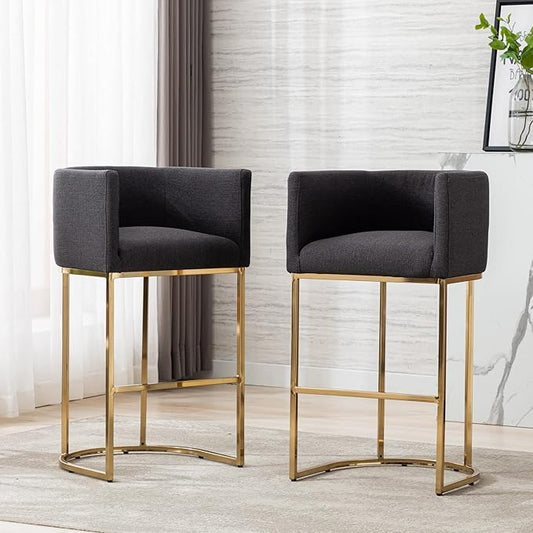 Modern Counter Height Linen Upholstered Bar Stools Set of 2, 32" Kitchen Counter Island Stools Bar Chairs with Gold Metal Frame for Kitchen Island, Charcoal