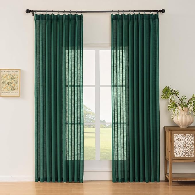 Emerald Green Linen Pinch Pleated Sliding Door Curtains Semi Sheer, 2x50 Inches Width, Hunter Light Filtering Drapes 102 Inches Long, Dark Textured Floor to Ceiling Window Curtain Panels