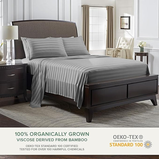 King Sheets by Pure Bamboo, Genuine 100% Organic Viscose Derived from Bamboo Bed Sheet Set, Luxuriously Soft & Cooling, Double Stitching, Lifetime Quality Promise (King, Jacquard Stone)