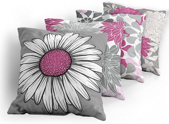 Ambesonne Floral Throw Pillow Cushion Case Pack of 4, Flower Petals Modern Color Palette Chamomile Peony Dahlia and Sunflower Print, Modern Accent Double-Sided Digital Printing, 24", Pink and Grey