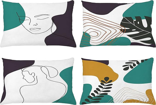 Ambesonne Minimal Throw Pillow CushiCase Pack 4, Modern Line Art Woman Portrait Contemporary Leafy Geometric Details, Modern Accent Double-Sided Digital Printing, 20" x 12", Teal Dark Purple Mustard