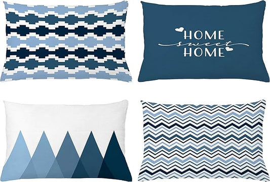 Ambesonne Modern Throw Pillow Cushion Case Pack of 4, Geometric Style Pattern of Triangles Zigzags Love Home Phrase Design, Modern Accent Double-Sided Printing, 20" x 12", Petrol Blue and White