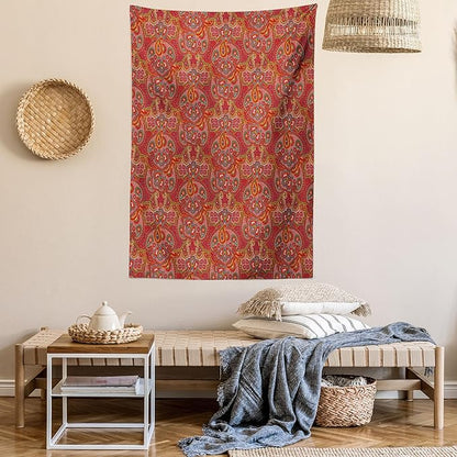 Lunarable Paisley Tapestry Twin Size, Vibrant Colored Pattern with Various Oriental Design Elements Boho Influence, Wall Hanging Bedspread Bed Cover Wall Decor, Twin Size, Ruby, 68" Width x 88" Length