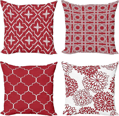 Ambesonne Vintage Throw Pillow Cushion Case Pack of 4, Monochrome Design Grid Trellis Quatrefoil Mesh and Dahlia Flowers Modern Print, Modern Accent Double-Sided Digital Printing, 18", Ruby and White