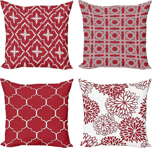 Ambesonne Vintage Throw Pillow Cushion Case Pack of 4, Monochrome Design Grid Trellis Quatrefoil Mesh and Dahlia Flowers Modern Print, Modern Accent Double-Sided Digital Printing, 18", Ruby and White