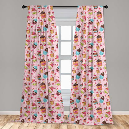 Ambesonne Pink Window Curtains, Kitchen Cupcakes Muffins Strawberries and Cherries Food Eating Sweets Print, Lightweight Decor 2-Panel Set with Rod Pocket, Pair of - 28" x 84", Brown Pink