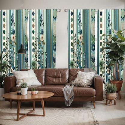 Ambesonne Bohemian Window Curtains Pack of 2, Hexagons Floral Botany Art in Cold Colors Ocean and Nature Tones, Lightweight Set with Rod Pocket, 4 Panels of - 28" x 63", Teal Green and Sea Blue
