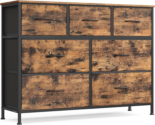 SONGMICS Dresser for Bedroom, Chest of Drawers, Steel, MDF, 7 Non-Woven Fabric Drawers, Storage Organizer Unit, Closet, Entryway, Rustic Brown and Ink Black ULGS323BH04
