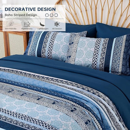 Boho Comforter Set Full Size,8 Pieces Navy Blue Bohemian Striped Bed in a Bag,Paisley Soft Microfiber Bedding Comforter Set